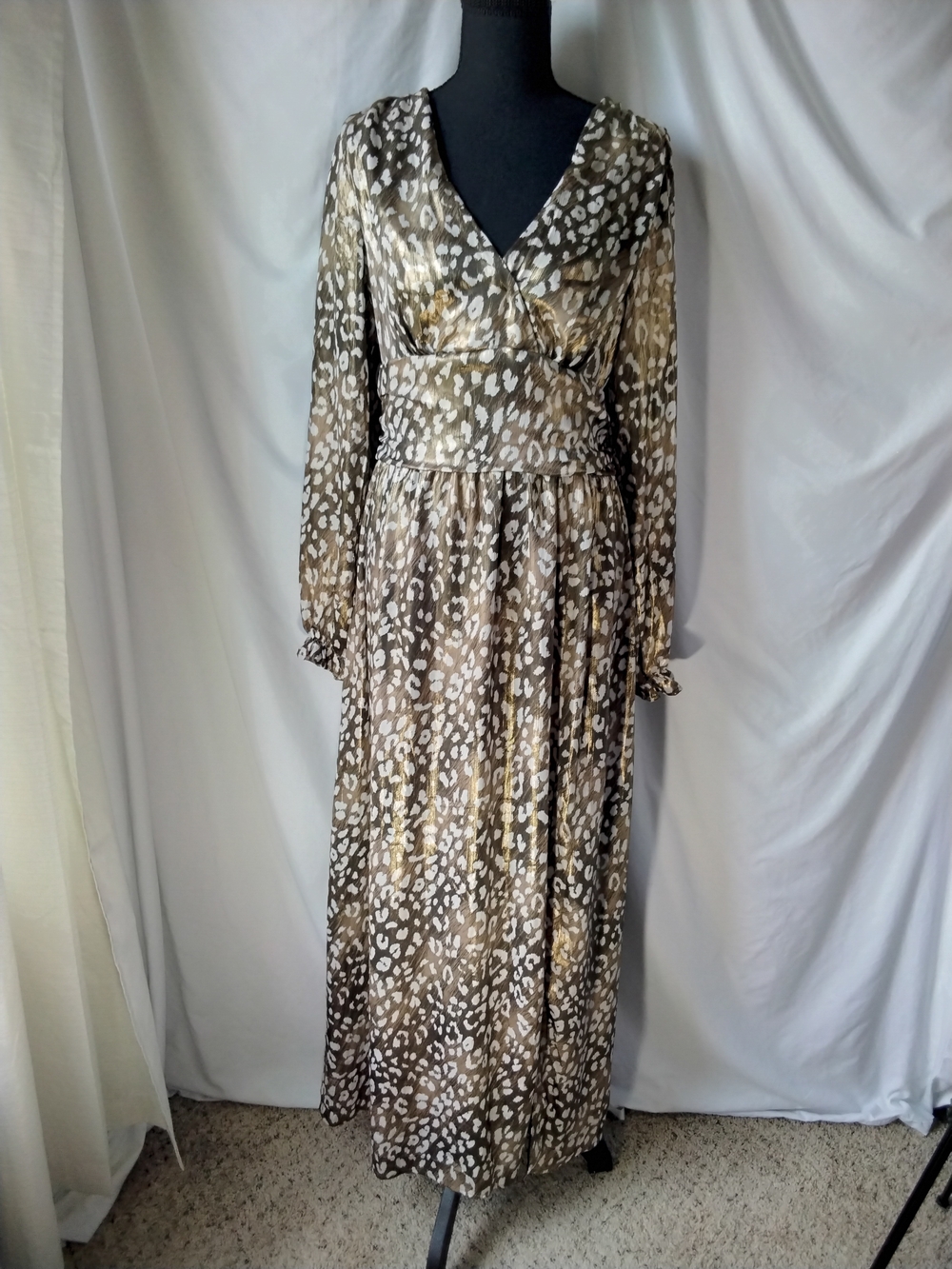 Women's Long Leopard Print V-Neck Dress in Metallic Gold.